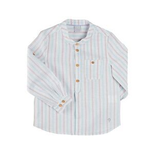 Pepa London Girls Chesham Striped Mao Collar Linen-Blend Shirt, Red